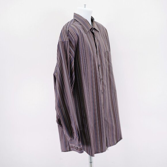 Pronto Uomo XXL Non Iron‎ Brown Blue Striped Pocket Front Collared Dress Shirt - Picture 7 of 11